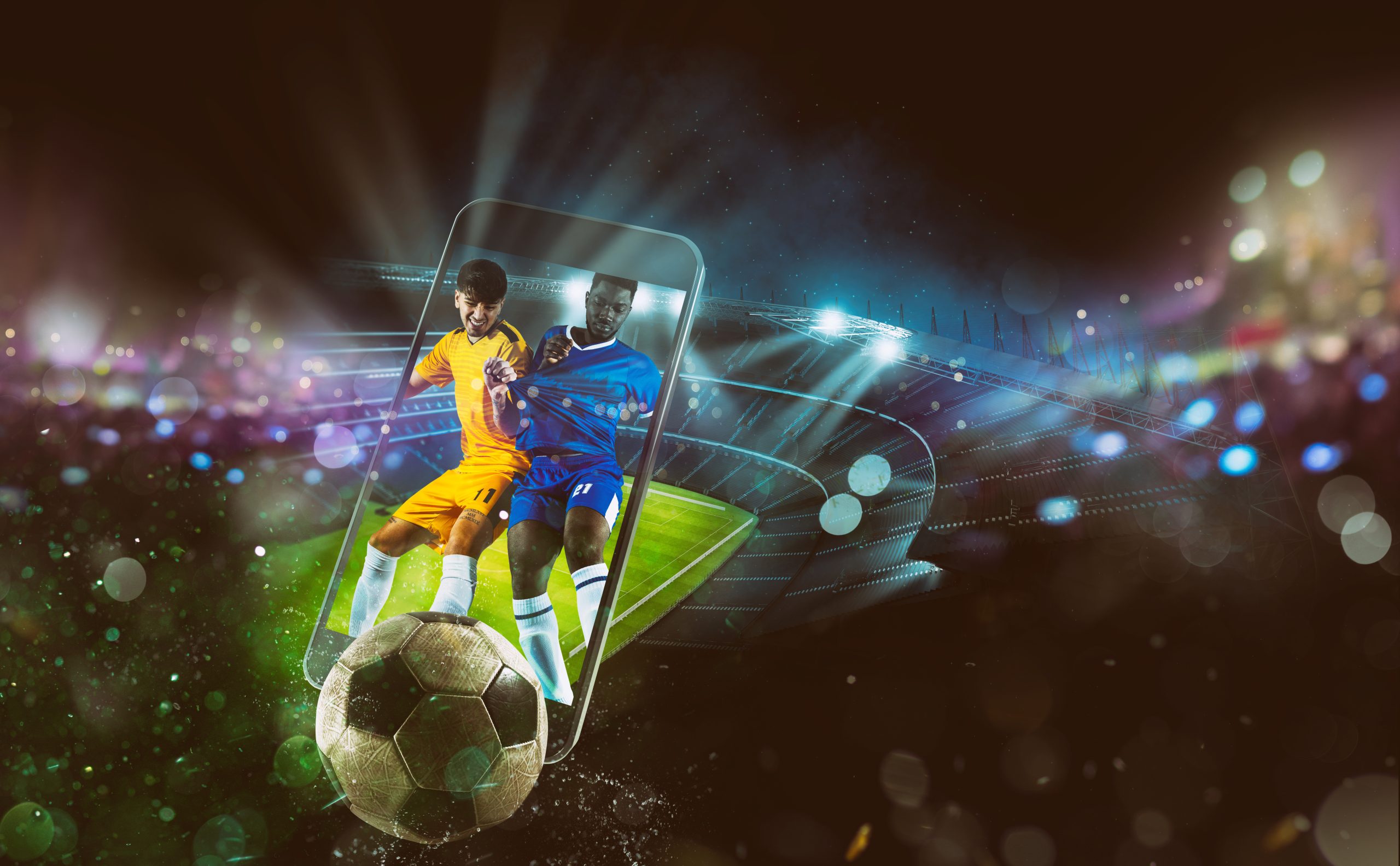 Imagem conceitual de celular com jogadores de futebol na tela